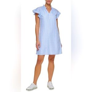 NWT DKNY Sky Blue/White Gingham Button Front Flutter Sleeve Mini Shift Dress B1